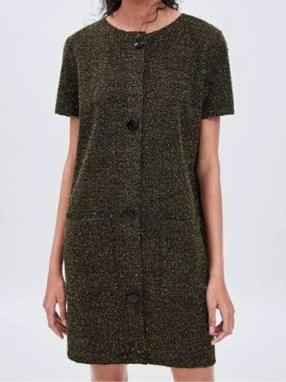 Zara Olive-Tone Short Sleeve Tweed Shift dress